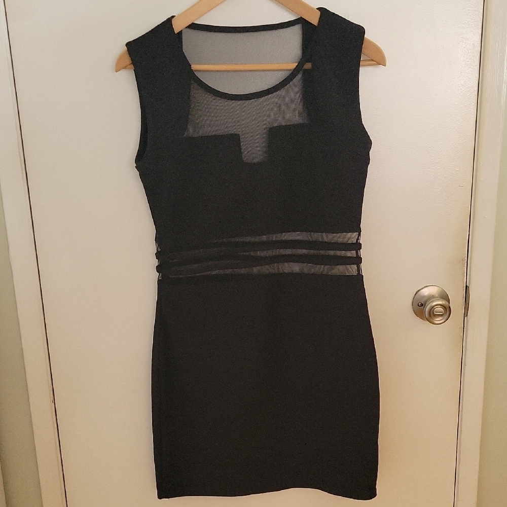 Black Sleeveless Scoop Neck Mini Dress With Mesh Detailing, Sz M